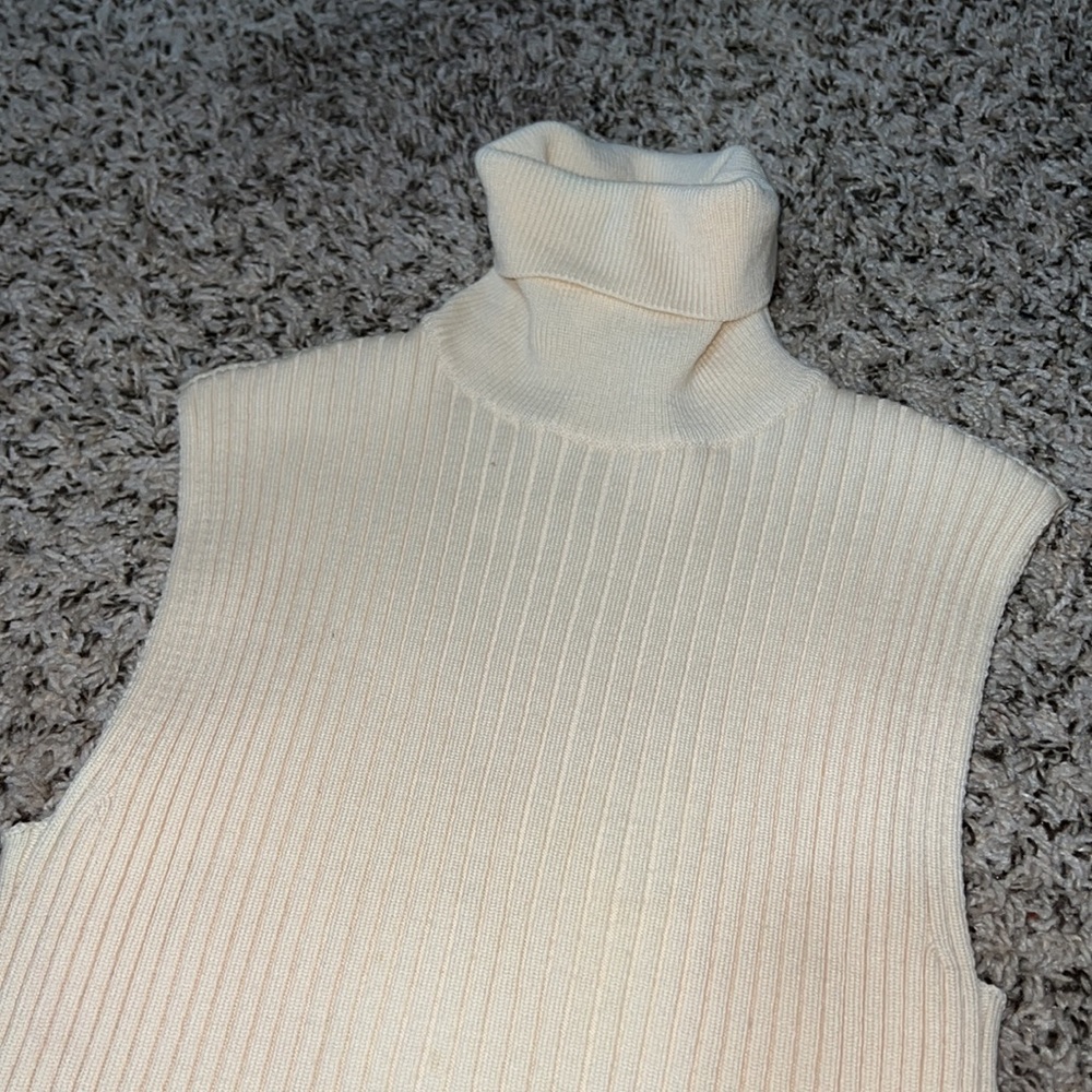 Celine Cream Ribbed Sleeveless Turtleneck Knit Top - Picture 2 of 6